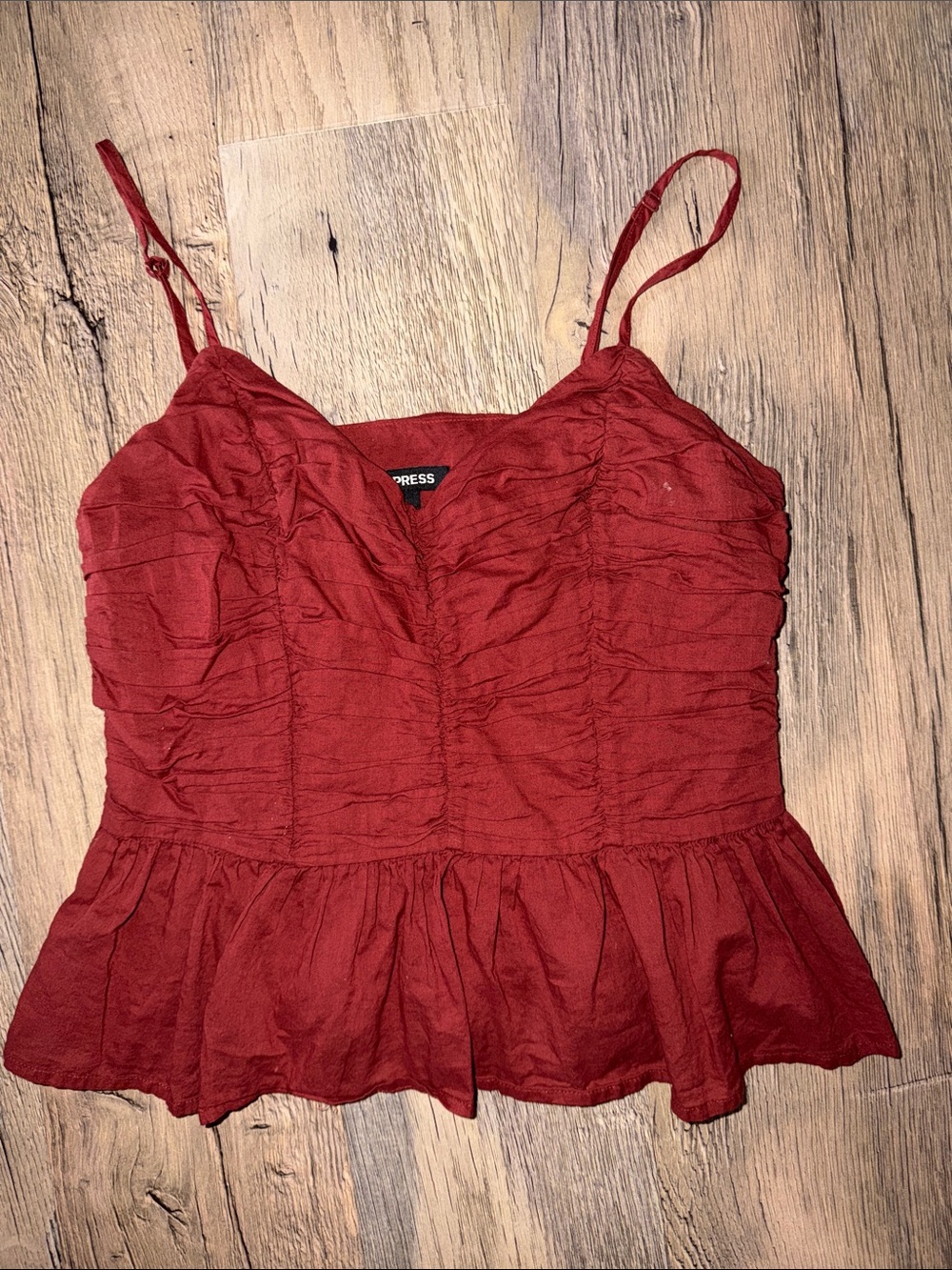Express Brick Red Ruched Peplum Cami